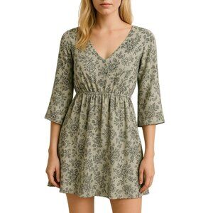 Forever 21 Sage Green Black Floral V-Neck Babydoll Dress 3/4 Sleeves X-Small